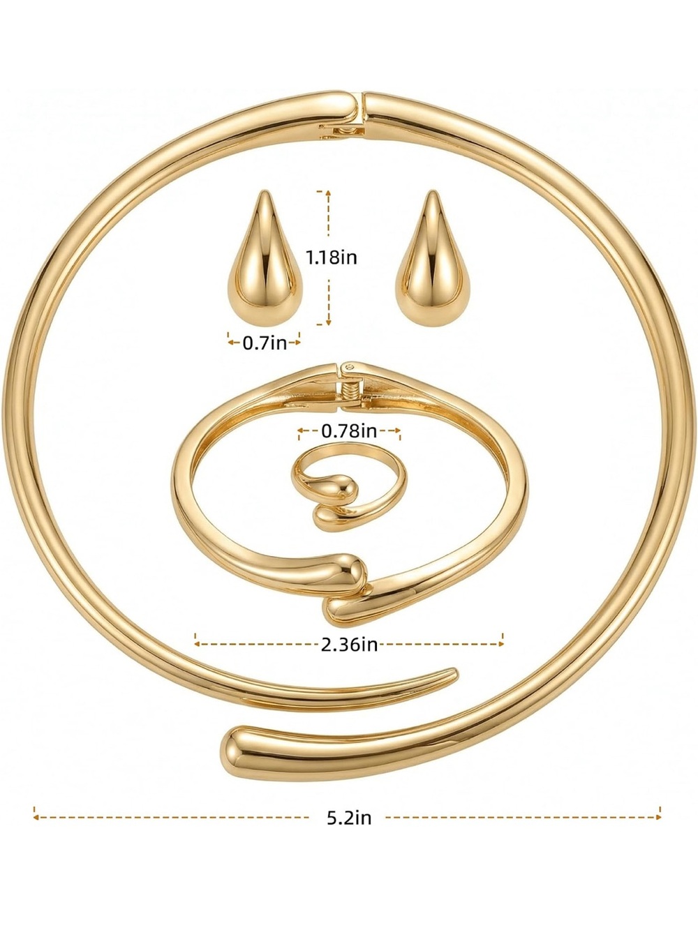 14K Gold Plated Sculptural Necklace, Bracelet, Ring and Earring Set - Picture 4 of 6